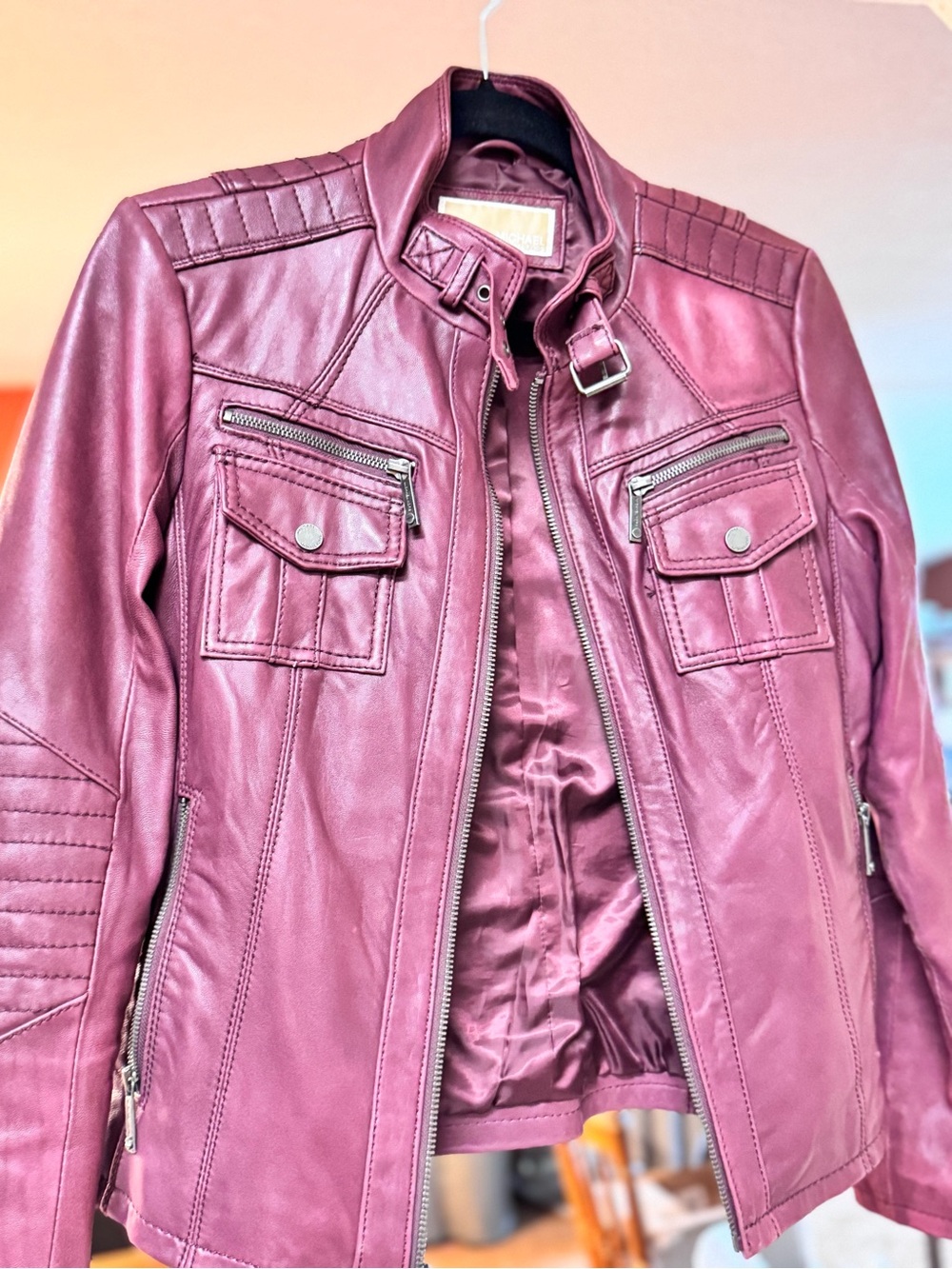 MICHAEL Kors Burgundy Leather Moto Jacket Woman Size M